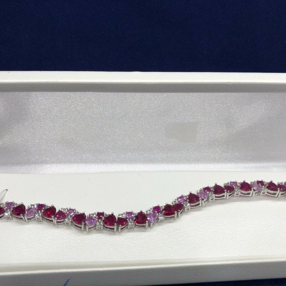 Sterling Silver Ruby, Pink & White Sapphire CLUSTER HEART BRACELET  MSRP $375